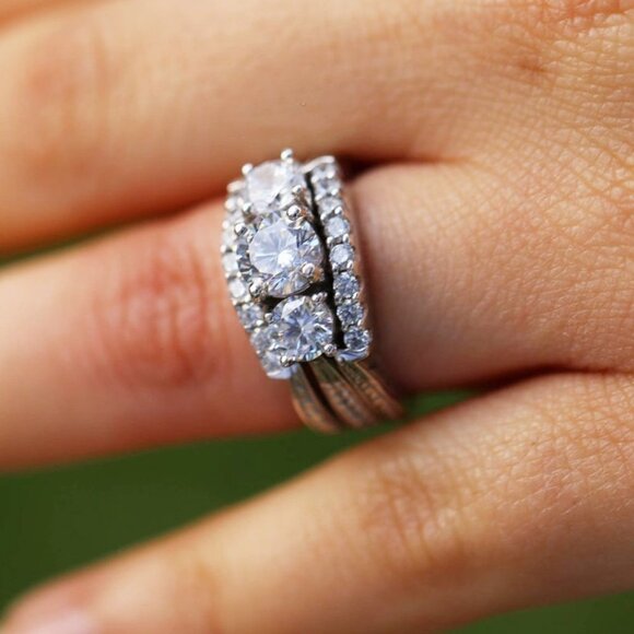 🌸925 Silver Plated Hollow Shiny 3 Layers Prong CZ Ring, MARR9358 - Picture 5 of 7